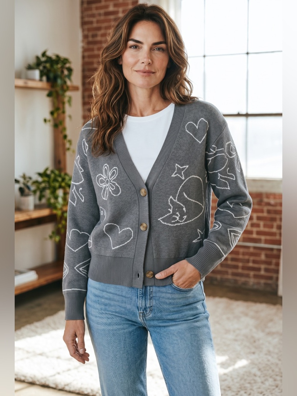 SO Charcoal Cardigan with Ivory Designs